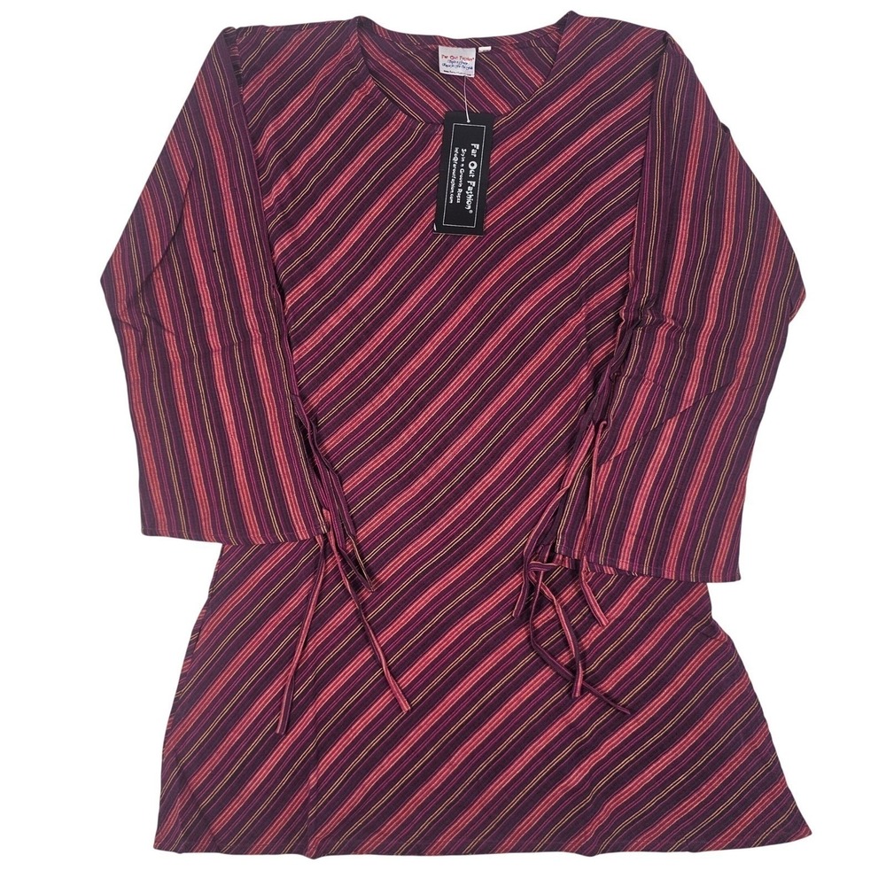 Far Out Fashion Womens Medium Burgundy Purple Striped Boho Side TieTunic Top NWT